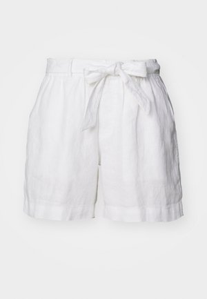 White linen shorts with a tied waistband, featuring a loose fit, folded hem, and a smooth texture. Simple, elegant design without embellishments.