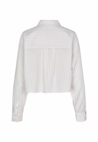 Maglietta corta in tessuto leggero con righe verticali bianche e rosa, caratterizzata da un yoke posteriore, dettagli plissettati e polsini con bottone.