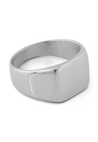 Silver metal ring with a smooth, polished finish. Features a squared-off top and a rounded band, providing a minimalist design.