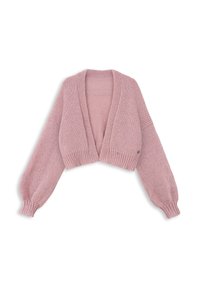 Przycięty, zakurzony różowy sweterek z długimi balonowymi rękawami oraz prążkowanymi mankietami i dołem, leżący na białym tle.