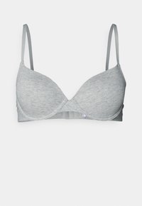 Grå vadderad bh med tunna justerbara remmar och en slät yta. Har en sömlös design och hyska-och-öga-stängning bak.