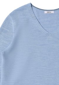 Helles blaues V-Ausschnitt-Pullover aus weichem, strukturiertem Strickstoff, mit einem dezenten Rippenmuster und kurzen Ärmeln. Das Etikett trägt die Aufschrift "CECIL".