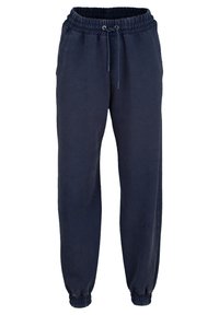 Tmavě modré teplákové kalhoty s elastickým pasem a lemy, vybavené stahovací šňůrkou a bočními kapsami.