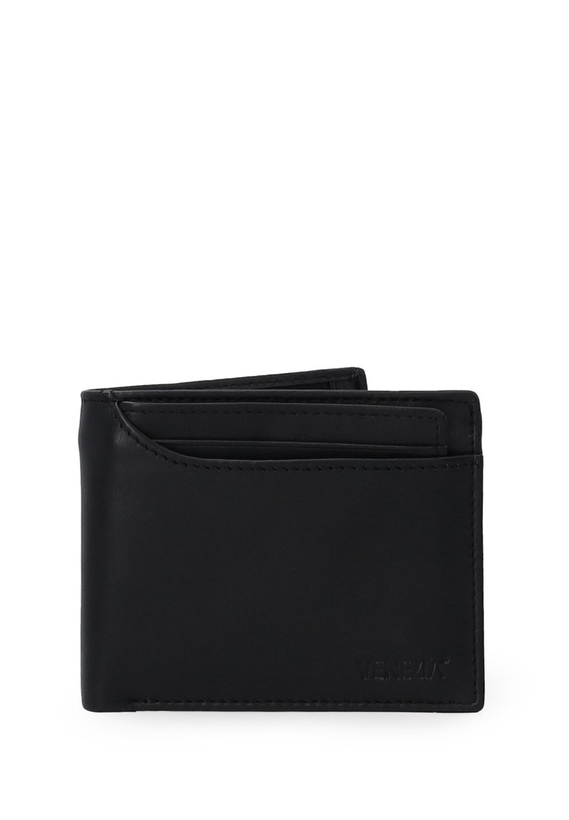 Schwarze Lederbörse mit schlankem Design, die mehrere Kartenfächer und dezente Steppnähte bietet. Keine sichtbaren Beschläge. Sauber und minimalistisch.