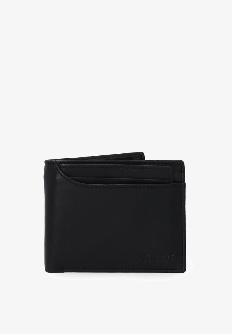 Schwarze Lederbörse mit schlankem Design, die mehrere Kartenfächer und dezente Steppnähte bietet. Keine sichtbaren Beschläge. Sauber und minimalistisch.