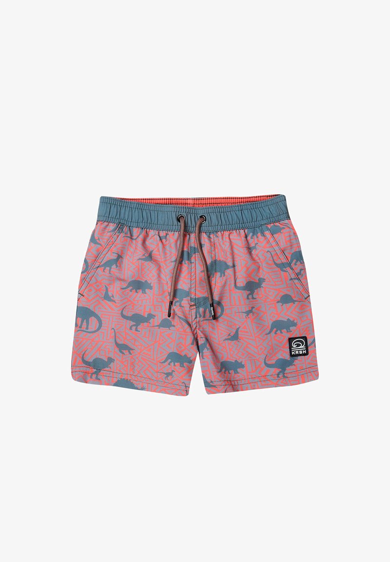 Costumi da bagno con una base corallo e silhouette di animali blu e motivi geometrici. Include una cintura elastica con cordoncino.