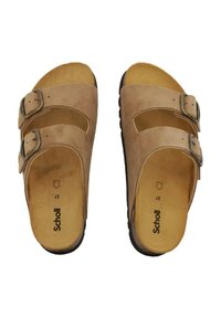 Sandali in suede marrone con due fibbie regolabili, design aperto sulla punta e soletta imbottita. Suole in gomma nera per una migliore aderenza.