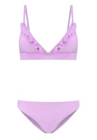 Lilac bikini set featuring a v-neck bralette with ruffle trim and adjustable straps, paired with matching low-rise brief bottoms. Smooth texture.