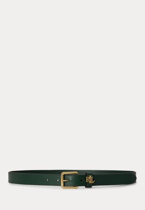 Ceinture en cuir vert foncé avec une boucle rectangulaire dorée et un petit logo doré "RL" près de la boucle sur fond blanc.