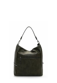 Green faux leather hobo bag with a curved shape. Features a single shoulder strap and exterior zippered pocket for added functionality.