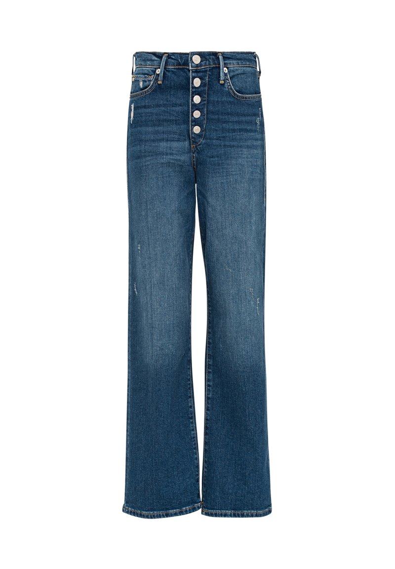 Hoge taille, wijde jeans in mediumblauwe denim met een vijfknops sluiting, versleten details en een rafelige zoom.