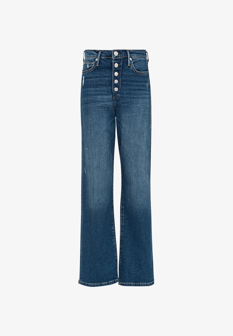 Hoge taille, wijde jeans in mediumblauwe denim met een vijfknops sluiting, versleten details en een rafelige zoom.