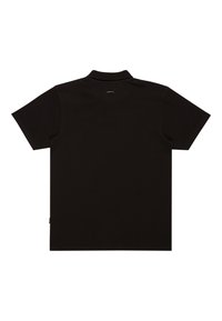 Polo shirt nera, maniche corte, design semplice, materiale in cotone, colletto a risvolto, vista posteriore, senza loghi o motivi visibili.