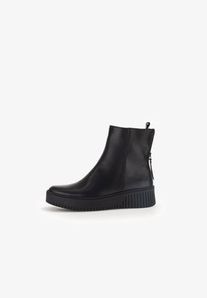 Black leather ankle boots with a sleek design, featuring a side zipper and a textured rubber sole for grip. Smooth finish, modern shape.