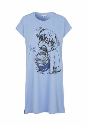 Light blue short-sleeve nightshirt featuring a black outline illustration of a pug holding a coffee cup with blue accents and text reading "Coffee time."