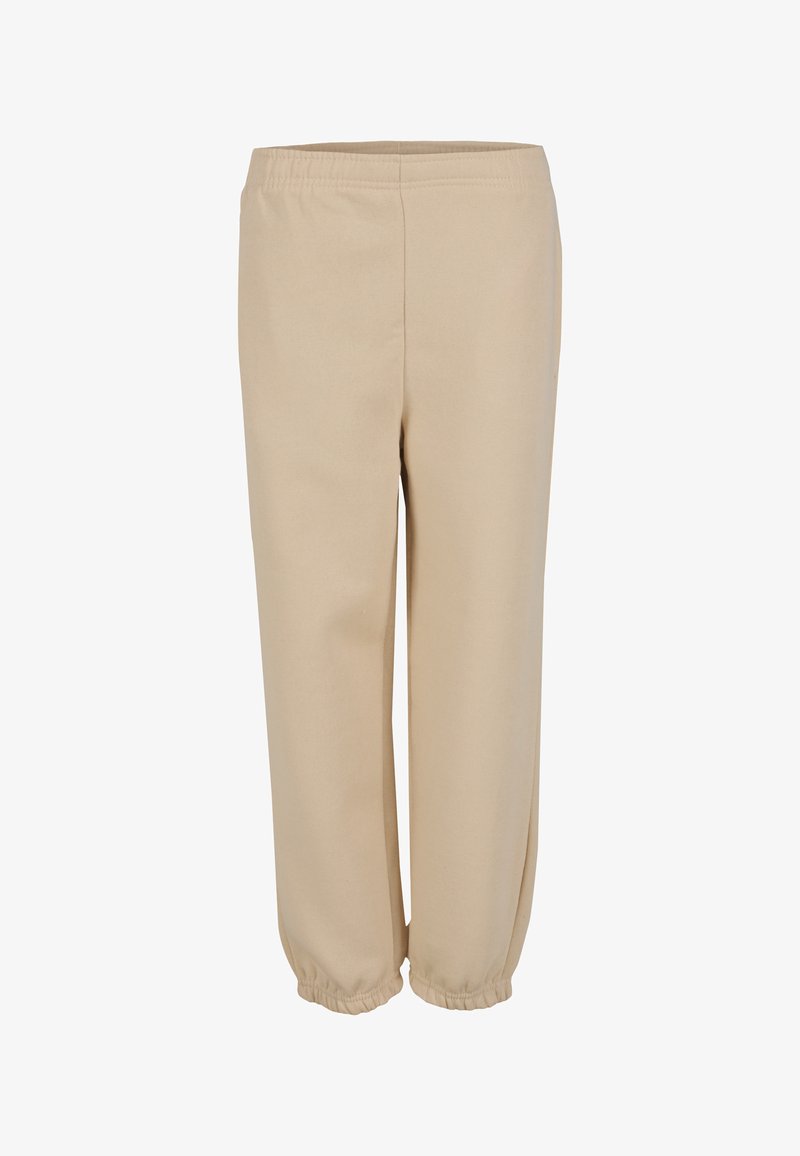 Pantalon beige à taille élastique avec une silhouette fuselée. Texture douce avec poignets froncés, sans poches visibles ni ornements.
