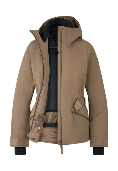 Braune, wasserfeste Jacke mit passgenauer Form, Reißverschluss vorne, verstellbare Kapuze, zwei Taschen und kontrastierender schwarzer Innenauskleidung.