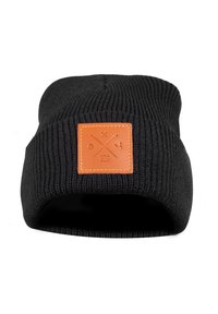 Black knitted beanie with a folded cuff, featuring a square orange leather patch with embossed design and stitching details.