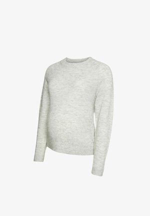 Svetlo siva pulover s dolgimi rokavi. Mehak material z okroglim izrezom in rebrastimi manšetami. Prilagojena oblika, zasnovana za udobje.