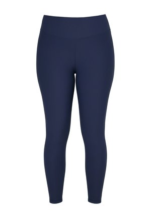 Leggings azul marino con canalé, de tiro alto y largo completo, con una silueta lisa y ajustada y una cintura ancha elástica.