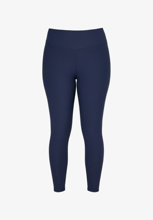 Mørkeblå ribstrikkede leggings med høj talje i fuld længde med en glat, tætsiddende silhuet og bred elastisk linning.