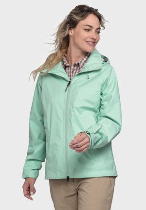Leichte, mintgrüne wasserdichte Jacke mit Kapuze, Reißverschluss vorne und elastischen Bündchen; zeichnet sich durch eine elegante, glatte Textur und ein dezentes Logo aus.