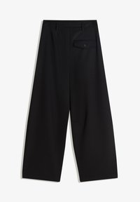 Black wide-leg trousers made of lightweight fabric, featuring a back pocket with a button and front creases for structure.