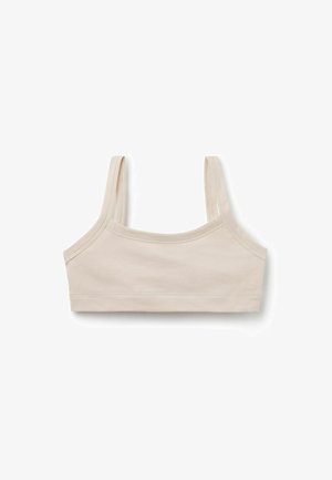 Béžový krátký top s tenkými ramínky a jednoduchým šitím, zobrazený na bílém pozadí.