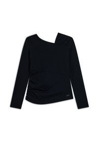 Top nero a maniche lunghe con scollatura asimmetrica, dettagli arricciati su una spalla e un design aderente in un tessuto leggermente strutturato.