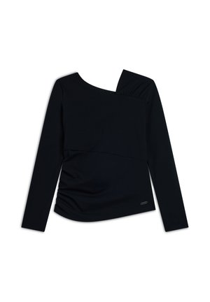 Top nero a maniche lunghe con scollatura asimmetrica, dettagli arricciati su una spalla e un design aderente in un tessuto leggermente strutturato.