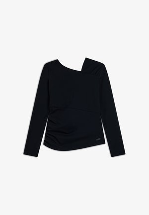 Top nero a maniche lunghe con scollatura asimmetrica, dettagli arricciati su una spalla e un design aderente in un tessuto leggermente strutturato.