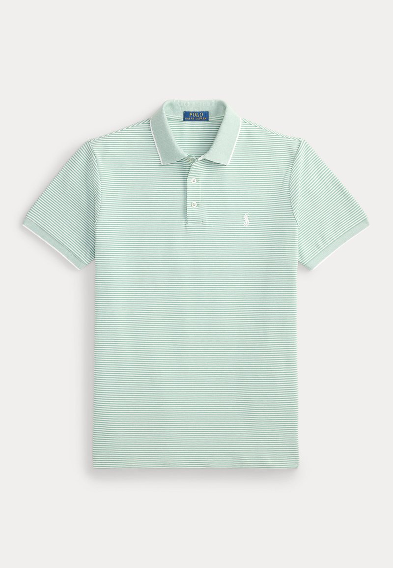 Light green striped polo shirt with a collared neckline, short sleeves, and a small emblem on the left chest. Cotton material.