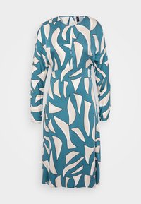 Tyrkysové šaty s abstraktným krémovým vzorom, dlhými rukávmi, okrúhlym výstrihom a zúženým pásom. Vyrobené z ľahkej tkaniny, hladká textúra.