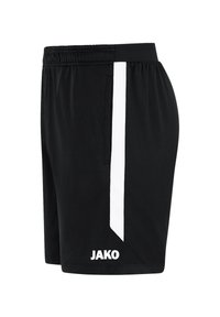 Schwarze sportliche Shorts mit weißen Seitenstreifen, elastischem Taillenbund, Logo am Saum und glatter, leichter Stofftextur.