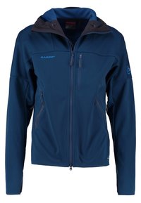 Veste softshell bleue Mammut avec capuche, fermeture éclair frontale, trois poches zippées et logo sur la poitrine et la manche.