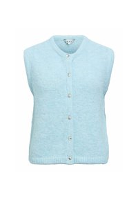 Lys blå ermeløs cardigan laget av et mykt, fluffy materiale, med rund hals, knappestolpe foran og ribbestrikket nederkant.