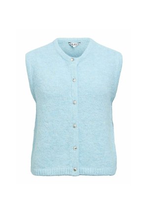 Světlounce modrý bezrukávový cardigan z chlupatého materiálu, s kulatým výstřihem, zapínáním na knoflíky a žebrovaným lemem.