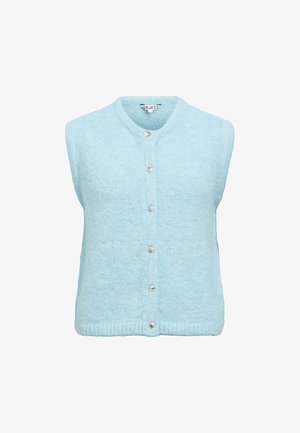 Lyseblå ærmeløs cardigan lavet af blødt materiale, med rund halsudskæring, knaplukning foran og ribbet kant.