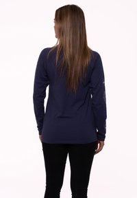 Navy long-sleeve shirt with a crew neck, featuring patterned accents on the sleeves and a smooth, soft texture. Plain back view.