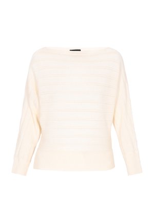 Jasna kremowa dziergana sweter z szerokim dekoltem, opadającymi ramionami i ribbowym wykończeniem. Posiada poziome paski oraz teksturowany wzór.