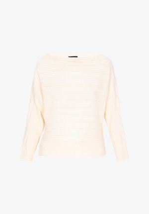 Heled kreem värvi kootud sviiter laia kaelusega, langetatud õlgade ja soonikuga alläärega. Omab horisontaalseid triibusid ja tekstuurilist mustrit.