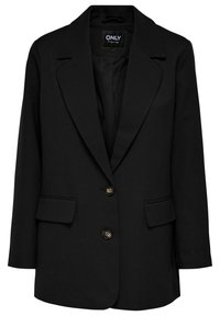 Blazer nero realizzato in tessuto liscio, con colletto a rever, due tasche frontali e chiusura con un singolo bottone.