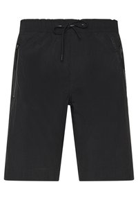 Černé kraťasy vyrobené z lehkého materiálu, s elastickým pasem a šňůrkou na stažení, a bočními kapsami na zip. Jednoduchý design bez vzorů.