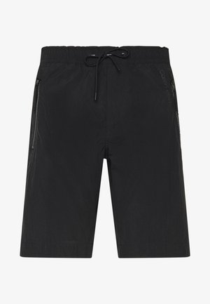 Schwarze Shorts aus leichtem Stoff, mit einem elastischen Bund und Kordelzug sowie seitlichen Reißverschlusstaschen. Einfaches Design ohne Muster.