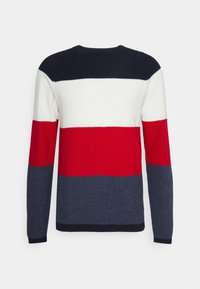 Gestrickter Pullover mit horizontalen Streifen in Marineblau, Weiß, Rot und Dunkelblau. Rundhalsausschnitt, gerippte Bündchen und Saum mit strukturiertem Stoff.