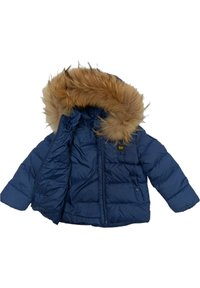 Giacca a vento blu navy con cappuccio in pelliccia sintetica rimovibile, chiusura con zip e bottoni a pressione, con sezioni trapuntate e due tasche frontali.
