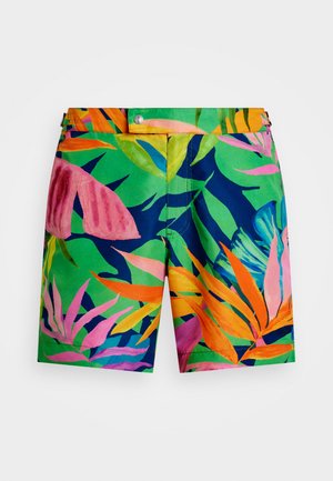 Herres svømmeshorts med levende flerfargede tropiske bladtrykk. Har en grønn base, rosa, oransje og blå blader, samt en knappelukking.