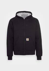Felpa nera con zip, tasche frontali, cappuccio regolabile con cordino foderato in grigio chiaro e piccolo logo Carhartt applicato sulla tasca.