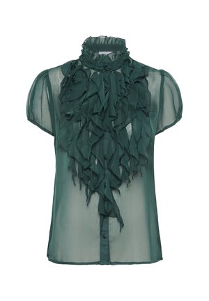Vihreä, läpikuultava paita, jossa on röyhelöetumus edessä, lyhyet hihat ja korkea kaula-aukko. Varustettu nappisuljenteella ja teksturoidulla pinnalla.