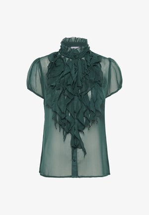 Vihreä, läpikuultava paita, jossa on röyhelöetumus edessä, lyhyet hihat ja korkea kaula-aukko. Varustettu nappisuljenteella ja teksturoidulla pinnalla.
